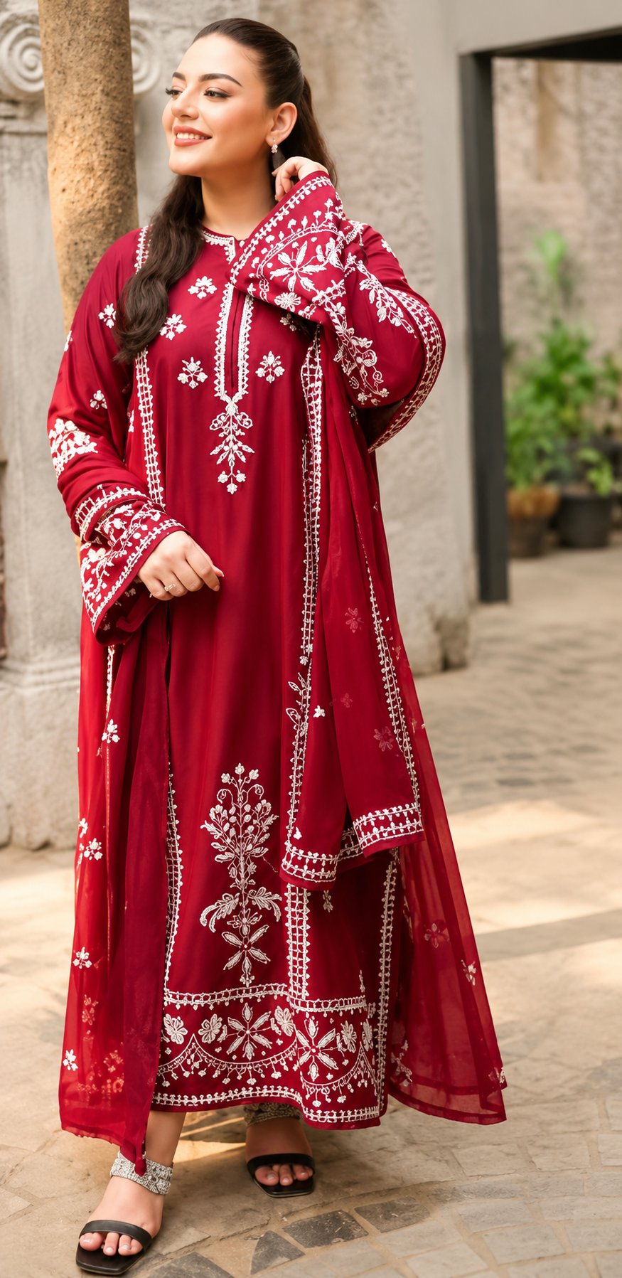 Red Embroidered Dhanak 3 Piece Unstitched Winter Suit