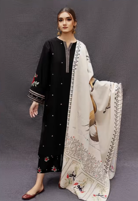 Black Embroidered Dhanak 3 Piece Unstitched Winter Suit with Shawl