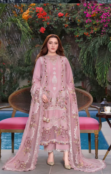 Dusty Pink Embroidered Dhanak 3 Piece Unstitched Winter Suit