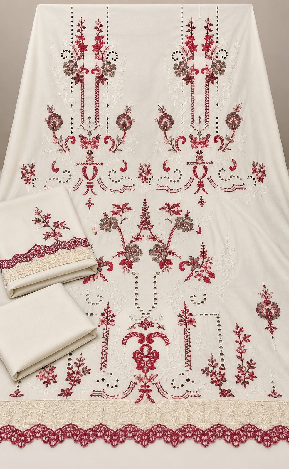 Ivory off white Embroidered Dhanak 3 Piece Winter Suit