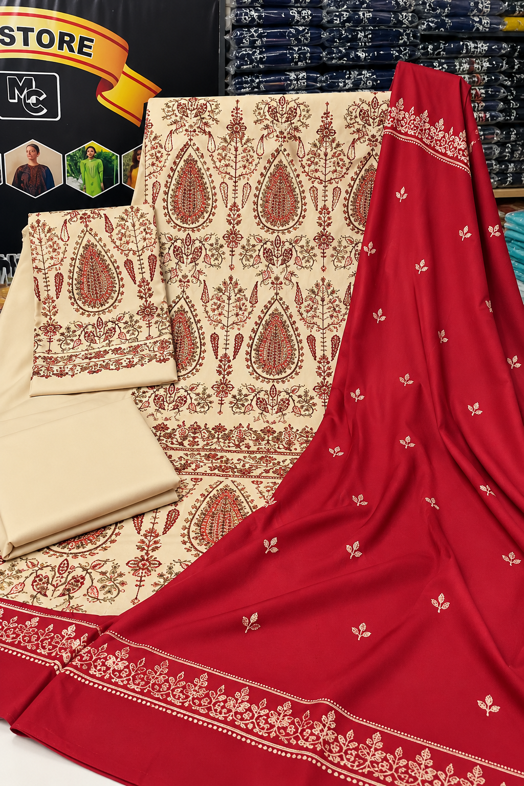 Dhanak 3 Piece Embroidered Suit with Red Dupatta