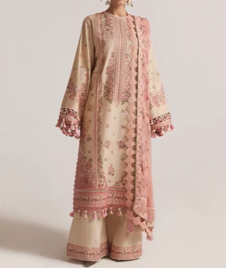 Beige 3 Piece Embroidered Suit with Pink Dupatta