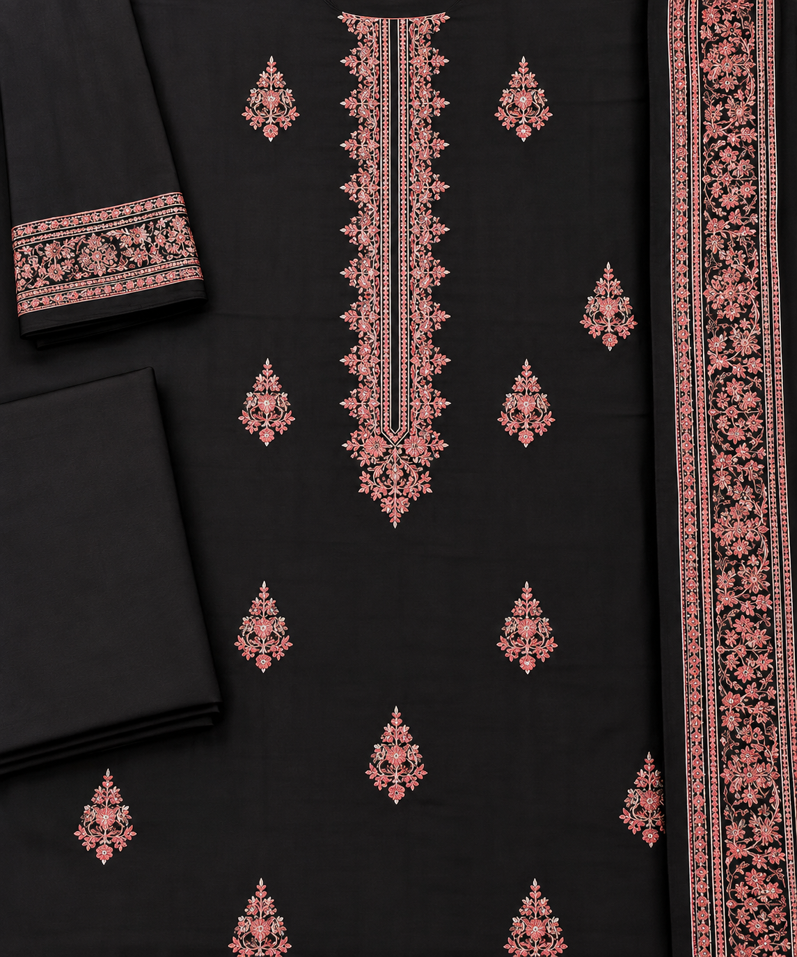 Black Embroidered Winter 3 Piece Suit